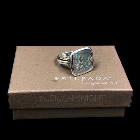 Silpada Retired Sterling Silver Etched Black Lip Shell Fern Leaf Ring - Picture 10 of 11